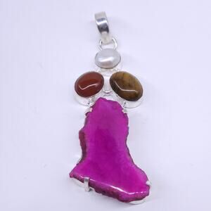 Bold Pink Agate, Tiger’s Eye & Carnelian Pendant in Sterling Silver with Chain